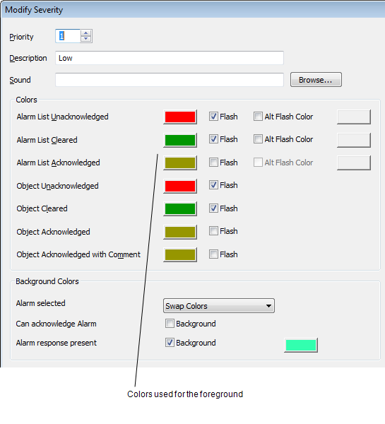 Foreground colors on the Modify Severity Window