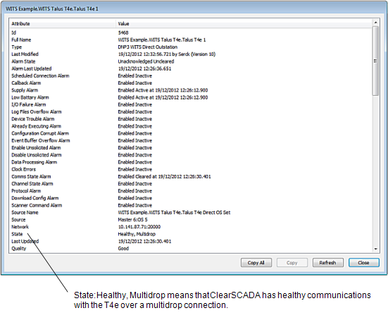 Healthy communications between T4e and ClearSCADA