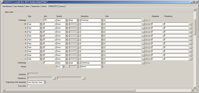 WITS Analog Point Form - Alarm Limits Section